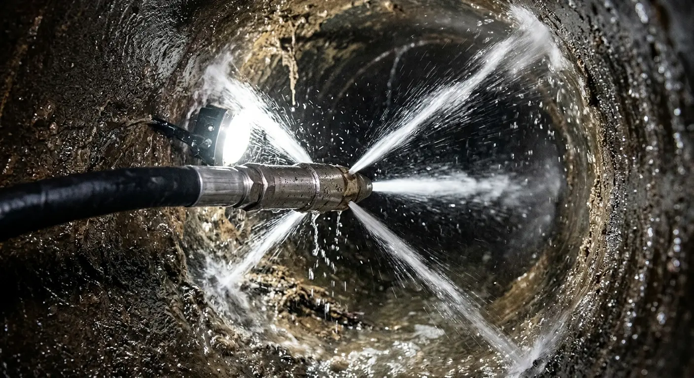High-pressure hydro jetting nozzle cleaning sewer pipe for Sewer Cleanout in San Anselmo
