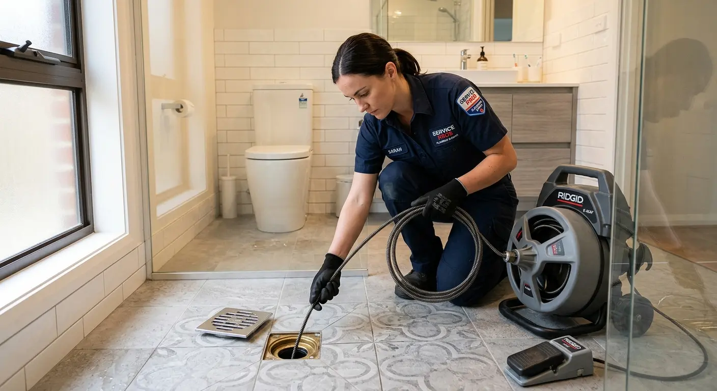 Technician clearing a bathroom floor drain for Drain Cleaning in San Anselmo